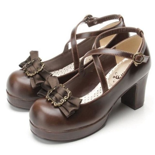 Victorian Bow Lolita Heels - Brown / 7