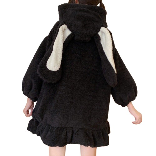 Women Cute Bunny Ear Long Sleeve Fuzzy Fluffy Rabbit Tops Sweatshirt Hoodie Jacket Coats - Large Black