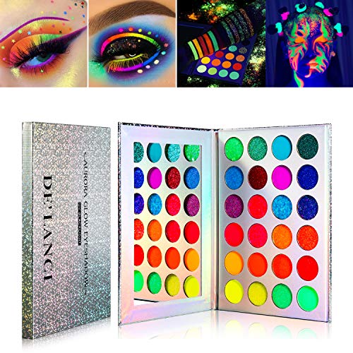 DE'LANCI Neon Eyeshadow Palette Glow in the Dark, Aurora Glow Eyeshadow Pallets Stage, Halloween Christmas Makeup Kit UV Blacklight Matte and Glitter Fluorescent Eye Shadows Highly Pigment - Blacklight eyeshadow