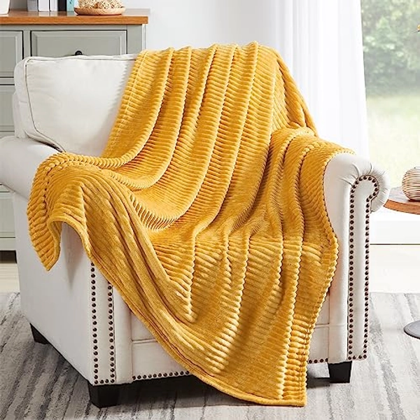 Geniospin Yellow Fleece Throw Blanket, 280GSM Extra Soft Lightweight Blanket with Strip, Plush Fuzzy Cozy Blankets and Throws for Couch, Bed, Sofa Cozy, Warm and Breathable (Yellow, 50x60 inches)