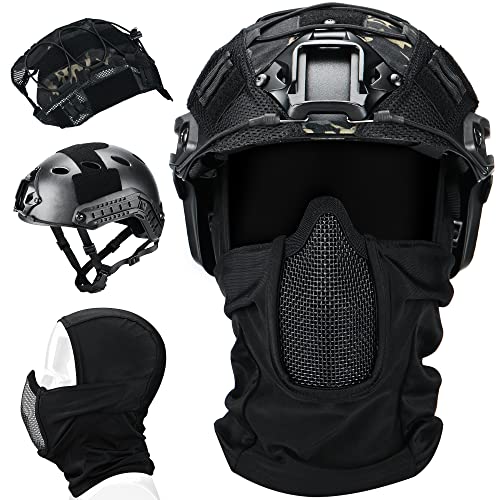 Guayma Airsoft Fast Helmet with Cover Half Mesh Mask Headgear PJ Type Tactical Multifunctional Protective NVG Mount for Paintball Multicam Military Outdoor Sports CS Game Shooting - 02-L-BK