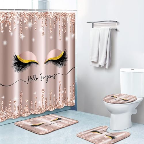 Bribay 4 Piece Shower Curtain Sets, Pink Gold Cute Makeup Funny Diamond with Non-Slip Rugs, Toilet Lid Cover and Bath Mat, for Bathroom Decor Set, 72" x 72"