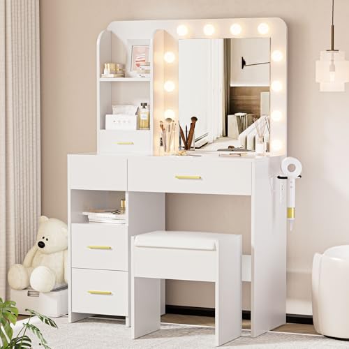 Otterease Vanity Desk with LED Lighted Mirror&Power Outlet, 3 Lighting Colors Makeup Vanity Desk with 5 Large Drawers and 3 Storage Shelves, Vanity with Storage Stool for Bedroom, White - White