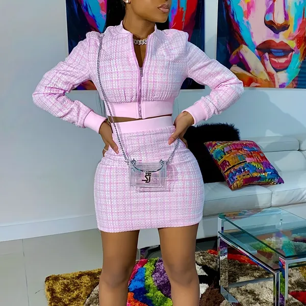 Plaid Print Casual Two-piece Set, Zip Up Long Sleeve Crop Top &amp; High Waist Bag Hip Mini Skirts Outfits, Women's Clothing