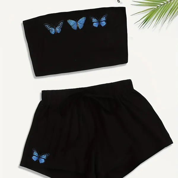 Casual Butterfly Print Two-piece Set, Crop Tube Top &amp; Skinny High Waist Shorts Outfits, Women's Clothing