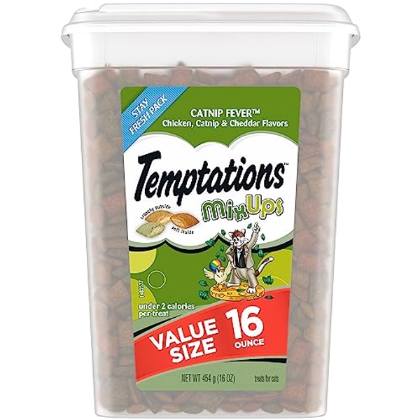 Throne MoonKitten TEMPTATIONS MIXUPS Crunchy and Soft Cat Treats Catnip Fever Flavor, 16 oz. Tub