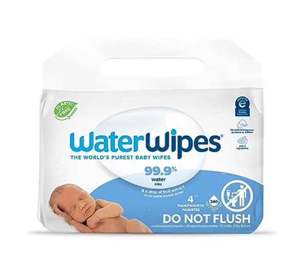 WaterWipes Plastic-Free Original Baby Wipes, 99.9% Water Based Wipes, Unscented & Hypoallergenic for Sensitive Skin, 240 Count (4 packs), Packaging May Vary - Unscented - 60 Count (Pack of 4)