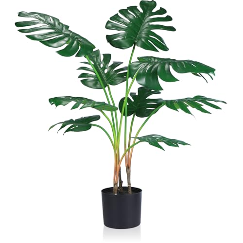 CROSOFMI Artificial Monstera Deliciosa Plant 37" Fake Tropical Palm Tree, Perfect Faux Swiss Cheese Plants in Pot for Indoor Outdoor House Home Office Garden Modern Decoration Housewarming Gift,1 Pack - 1 - 37 Inch