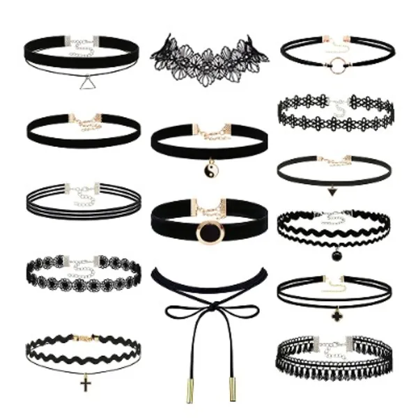 Konssy 15 PCS Chokers Set Black Choker Necklaces for Women Teen Girls Gothic Collar Lace Velvet Chockers
