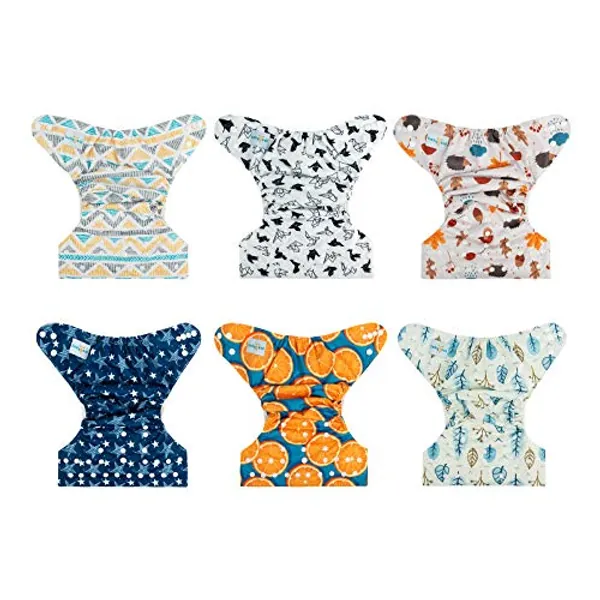 Babygoal Cloth Diaper Covers for Fitted Diapers and Prefolds with Double Gusset,Adjustable Reusable for Baby Boys, 6pcs Covers+One Wet Bag 6DCF02