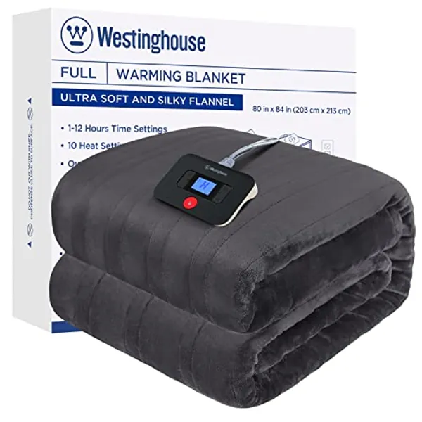 Westinghouse Electric Blanket Full Size, Super Cozy Soft Flannel 80" x 84" Heated Blanket with 10 Fast Heating Levels & 1-12 Auto-Off, Machine Washable, ETL&FCC Certification, Charcoal