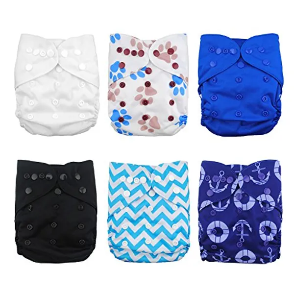 Babygoal Cloth Diaper Covers for Fitted Diapers and Prefolds with Double Gusset,Adjustable Reusable for Baby Boys, 6pcs Covers+One Wet Bag 6DCF02