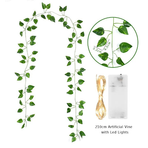 2 Meter Fake Green Leaf Ivy Vine with LED String Lights for Cozy Gaming Set Up - Pothos / 1Pc