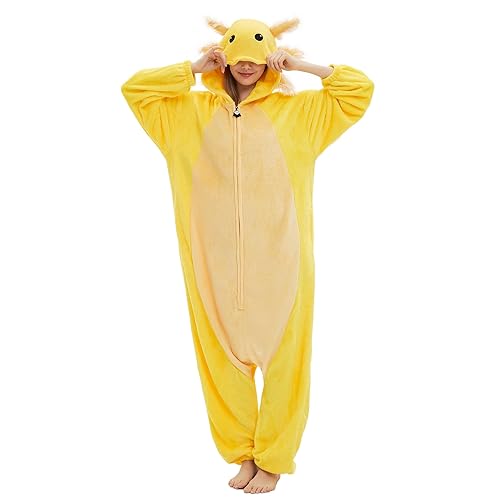 DELEY Unisex Axolotl Costume Adult Onesie, One Piece Pajamas, Halloween Cosplay Costumes Homewear Jumpsuit,Animal Onesie - Yellow - Large