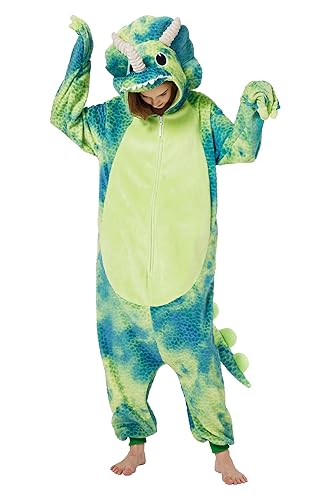 Loiahoer Unisex Tie-dye Triceratops Dragon Onesie Costume Pajamas,Halloween Cosplay Costume Christmas Pajamas Hooded Zipper - Large - Green