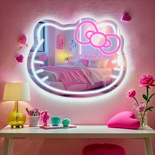 Hello kit mirror, hello kit vanity mirror with light Adjustable Brightness,LED wall mirror light for Teen Girl Gift, hello kit stuff，room décor 16"L&14"W
