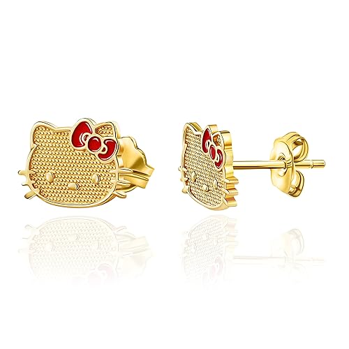 Sanrio Hello Kitty Womens 10k Gold Stud Earrings - Gold Hello Kitty Earrings with Red Enamel Bow Officially Licensed