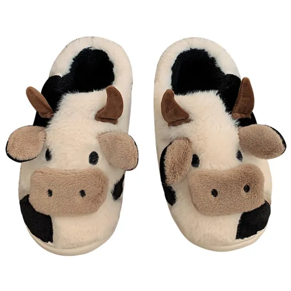 Fluffy Slippers for Women, Kawaii Cow Slippers Soft Thick Shoes with Nonslip Rubber Sole, Warm Comfy Indoor Winter Furry Slippers for Women Men Girls Boys