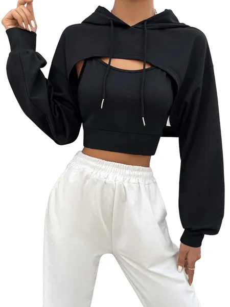 DIDK dam 2 stycken supercrop huvtröja och camitop huvtröja cropped huvtröja med topp 2-delat set