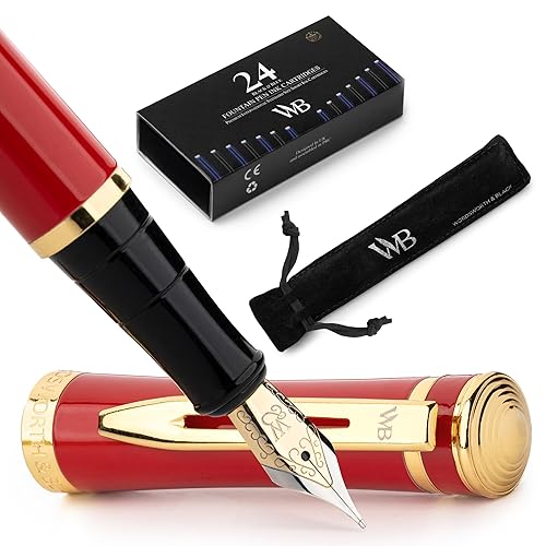 Wordsworth & Black Fountain Pen Set, 18K Gilded Medium Nib, Includes 24 Pack Ink Cartridges, Ink Refill Converter & Gift Pouch, Gold Finish, Calligraphy, [Crimson Red], Perfect for Men & Women - Crimson Red Gold - Medium Nib