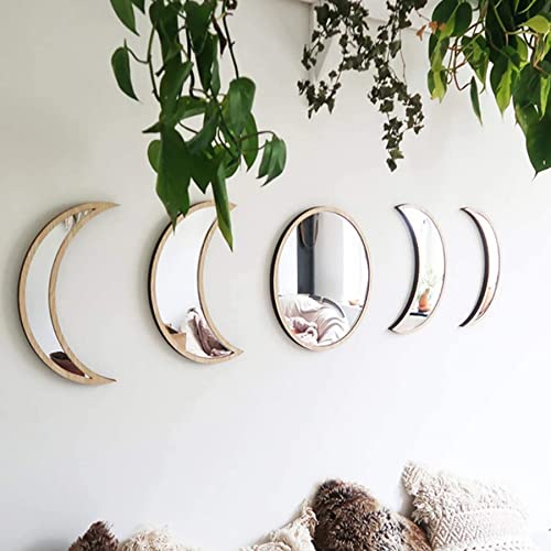 LXTaoler 5 Pcs Moon Phase Mirror Set, Acrylic Wooden Moon Mirror Decorative Mirror No Punch Boho Wall Decor for Aesthetic Home Living Room Bedroom Decor (Natural) - Natural