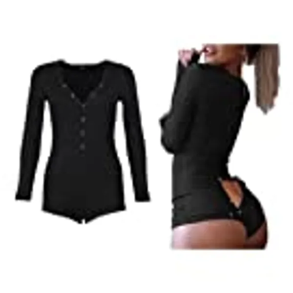 Roselux Women's Sexy Deep V Neck Shorts Long Sleeve Knitted One Piece Bodysuit Sexy Pajama Onesie Bodycon Rompers Overall