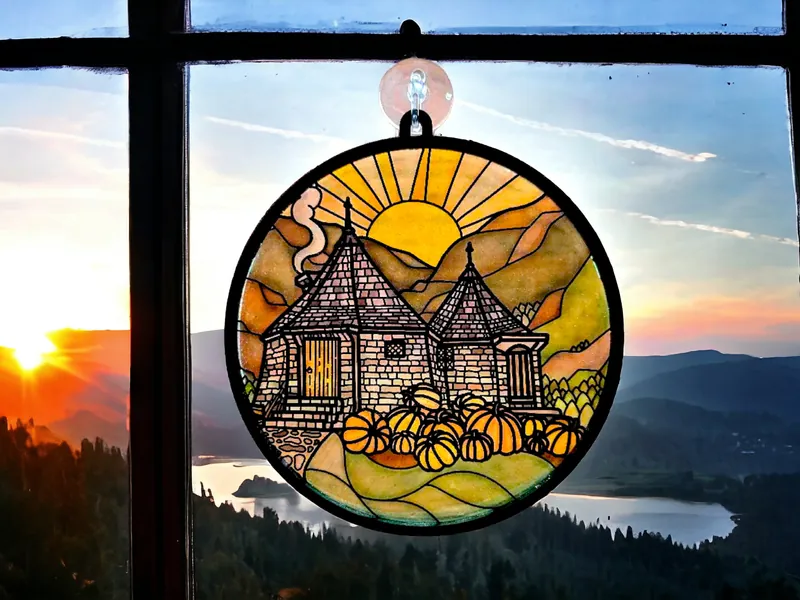 Window hanger sun catcher of groundskeepers hut DAY 15cm resin stained glass style