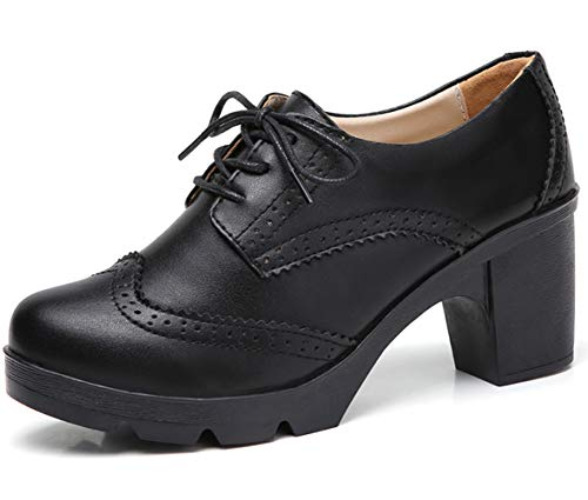 DADAWEN Women's Leather Classic Lace Up Platform Chunky Mid-Heel Square Toe Oxfords Dress Pump Shoes - 7.5 - Black