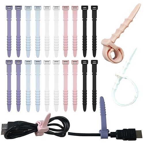 Silicone Zip Ties, Reusable Zip Ties, 20pcs Rubber Cable Ties Straps for Wire Management, Elastic Cable Organizer for Home Office Table Desk. 4.5” Cord Ties in White, Black, Pink, Purple and Blue - Multi