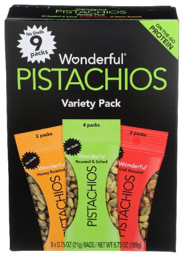 Wonderful Pistachios , No Shell Nuts, Variety Pack (4 bags of Roasted & Salted, 3 bags of Chili Roasted, and 2 bags of Honey Roasted), 9 Count - Variety Pack (4 bags of Roasted & Salted, 3 bags of Chili Roasted, and 2 bags of Honey Roasted) 0.75 Ounce (Pack of 9)