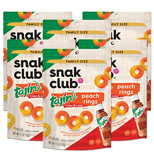 Snak Club Tajin Peach Rings, Sweet and Spicy Gummy Snacks, 11 Ounce (Pack of 6) - Tajin Peach - 11 Ounce (Pack of 6)