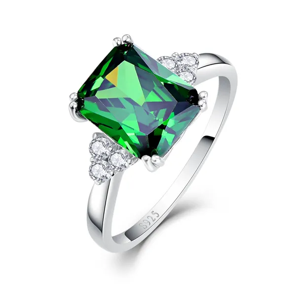 Bonlavie Women's 5.3ct Square Cut Created Green Emerald 925 Sterling Silver Engagement Ring