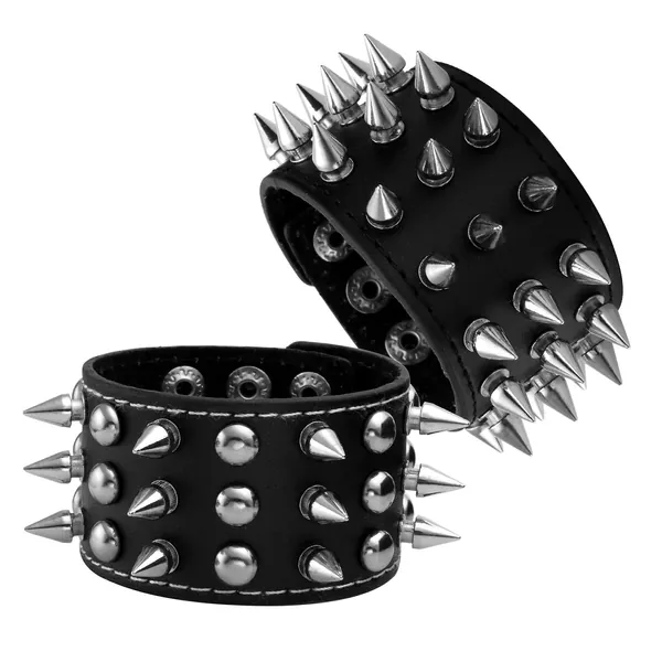 Milakoo Unisex Black Metal Spike Studded Punk Rock Biker Wide Strap Leather Bracelet Chain Wristband Adjustable