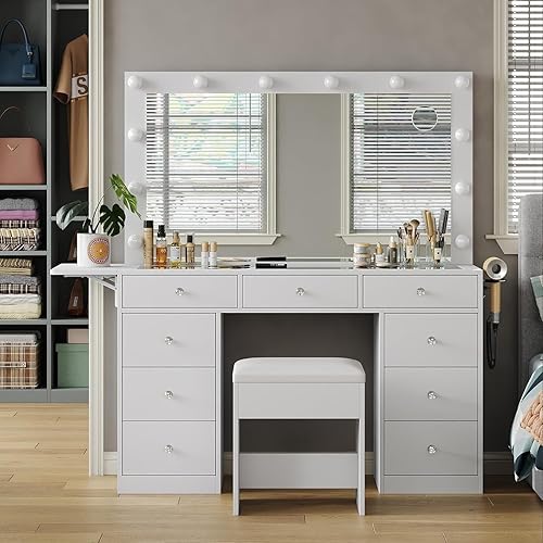 Vanity Desk with Power Outlet, 9 Drawers Makeup Vanity with Mirror and 12 LED Lights, 3 Lighting Modes, Glass Top Vanity Set, Fold-up Panel, Dressing Table for Bedroom - 9 Drawers - White