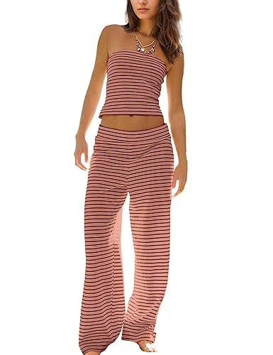 MISSACTIVER Women Two Piece Sets Striped Matching Outfits Strapless Crop Tube Top and Elastic Waist Wide Leg Pants Set - Large - Red and Pink