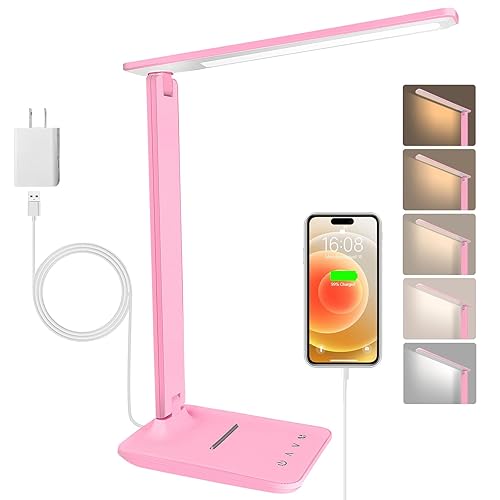 White crown LED Desk Lamp Dimmable Table Lamp Reading Lamp with USB Charging Port, 5 Lighting Modes, Sensitive Control, 30/60 Minutes Timer (Pink, First-Generation) - Pink - first-generation