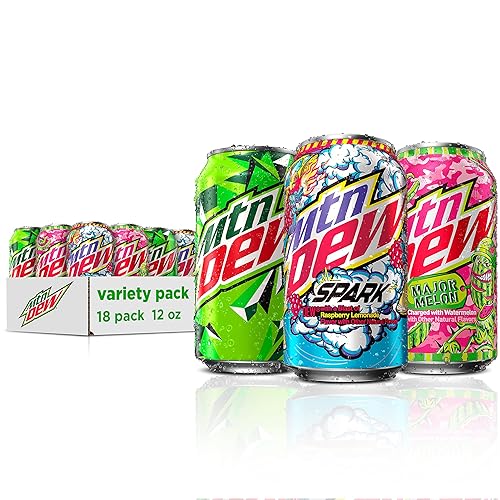 Mountain Dew 3 Flavor Major Melon Variety Pack (Major Melon, Spark (Rasp Lemonade), and Original Dew), 12 Fl Oz (Pack of 18) - Major Melon Variety Pack - 12 Fl Oz (Pack of 18)