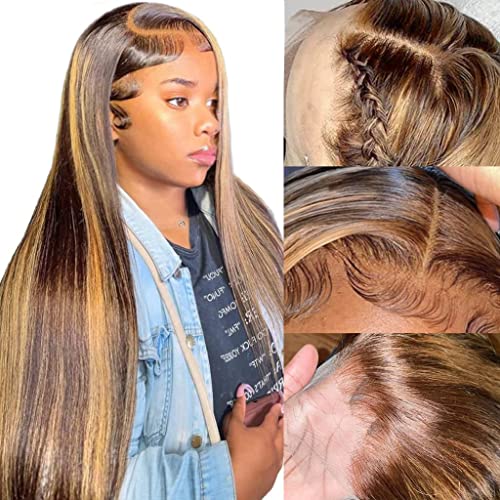 Ombre Straight Human Hair Wig 30inch Wear and Go 4/27 Blonde Ombre Lace Front Wig Human Hair 13x4 Pre Plucked With Baby Hair 180% Density Straight Ombre Highlight Lace Front Wig Human Hair For Women - 30 Inch - highlight straight