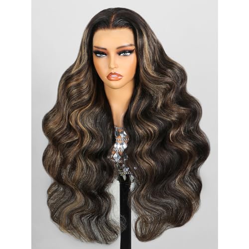 MEGALOOK Highlight Lace Front Wig Human Hair 200% Density Balayage Wig Human Hair 13x4 HD Transparent Lace Front Wigs Human Hair Pre Plucked 30inch FB27# - 30 Inch - 13x4 balayage wig