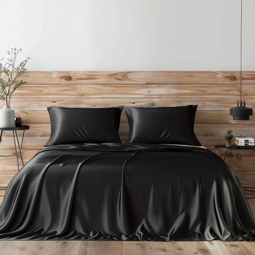 Candoury Satin Sheets Queen Bed Set 4 Pcs, Soft and Durable Pillowcase, Flat Sheet and Fitted Sheet, Hotel Luxury Silky Satin Sheets Set(Queen, Black) - Black - Queen