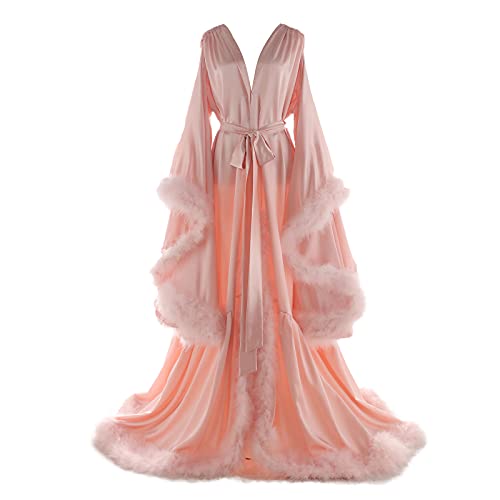 Daily Life Mall Women's Feather Bridal Robes Old Hollywood Maternity Photoshoot Nightgown Silk Bathrobe Long Lingerie - X-Small - A-pink
