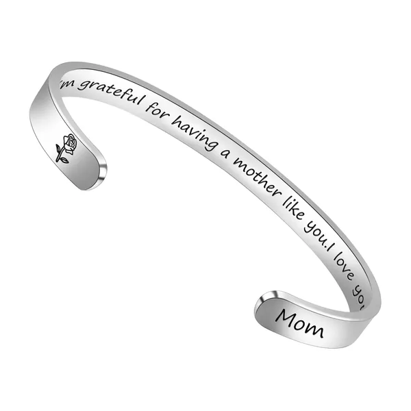 Btysun Bracelets for Women Inspirational Gifts for Women Girls Graduation Gifts for Her Motivational Birthday Cuff Bangle Friendship Personalized Mantra Jewelry - Mom gifts-I'm grateful for having a mother like you.I love you.