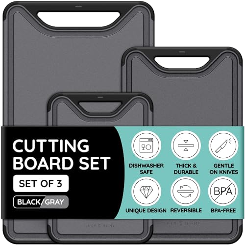 Cutting Boards for Kitchen, Plastic Cutting Board Set of 3, Dishwasher Safe Cutting Boards with Juice Grooves for Meat, Veggies, Fruits, Easy Grip Handle, Non-Slip (Black/Gray) - Set of 3 - Black/Gray