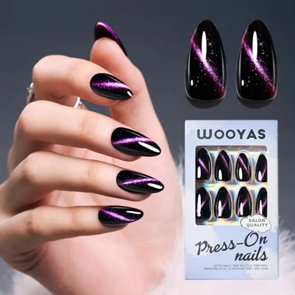 Wooyas Cat Eye Press on Nails Almond, 9D Glitter Dark Grey Medium Handmade Fake Nails with Purple Glitter Design, Glossy Salon Perfect Magnetic Gel Nails in 12 Sizes - 24 Pcs Nails Kit