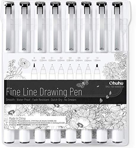 Ohuhu Micro Pen Fineliner Drawing Pens: 8 Sizes Fineliner Pens Pigment Black Ink Assorted Point Sizes Waterproof for Writing Drawing Journaling Sketching Anime Watercolor for Artists Beginners Age 14+