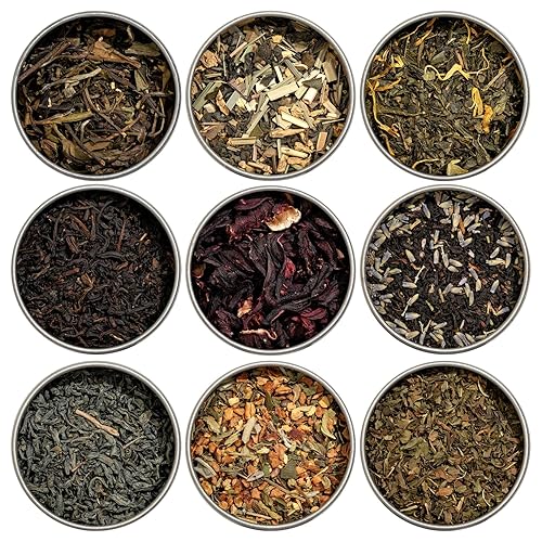 Heavenly Tea Leaves Organic Assorted 9 Loose Leaf Tea Gift Box (Approx. 90 Servings), Sampler Set of 9 Loose Leaf Teas & Tisanes - Variety Pack Assortment of Green Tea, Black Tea, & Herbal Tea - Assorted 9 Loose Leaf Gift Box