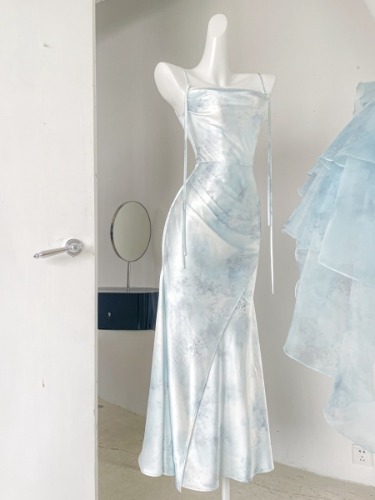 [$74.75]Light Blue Elegant Straight Neckline Fairy Mermaid Slip Dress