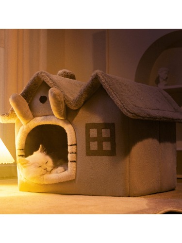 1pc Double Roof Cartoon Shaped Foldable Pet House, Detachable & Washable Pet Bed, Suitable For Small Dogs And Cats, Removable Cushion And Non-Slip Bottom
