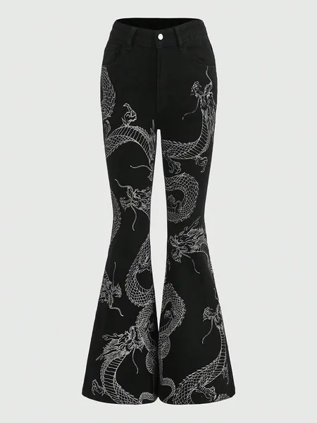 ROMWE Grunge Punk Chinese Dragon Print Flare Leg Jeans