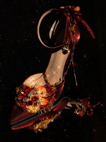[$49.50]Rhinestones Decorated New Year Red Hime Lolita High Heels